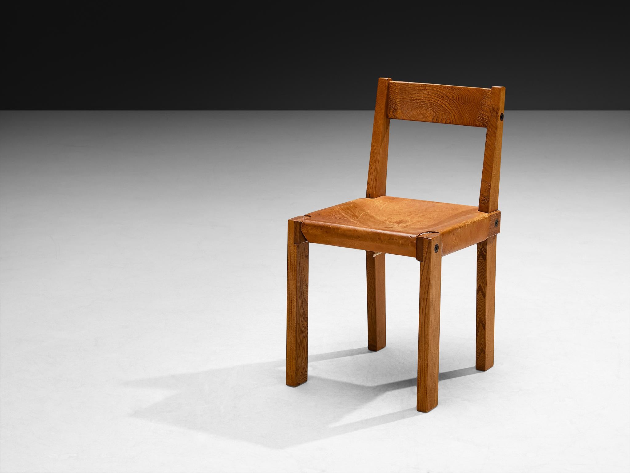 Mid-Century moderno Early Pierre Chapo 'S24' Set of Six Dining Chairs in Cognac Leather and Elm in vendita