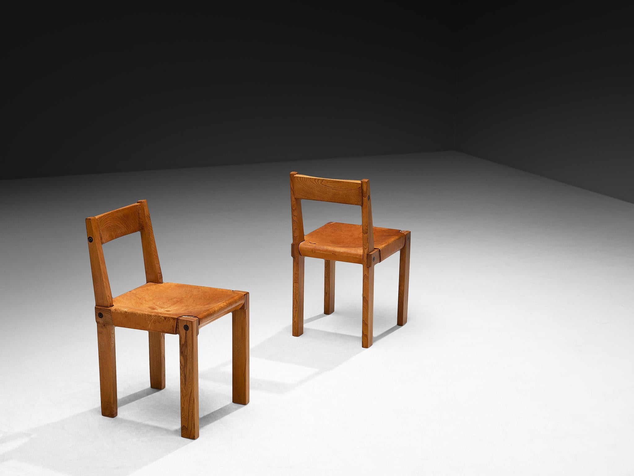 Early Pierre Chapo 'S24' Set of Six Dining Chairs in Cognac Leather and Elm in vendita 2
