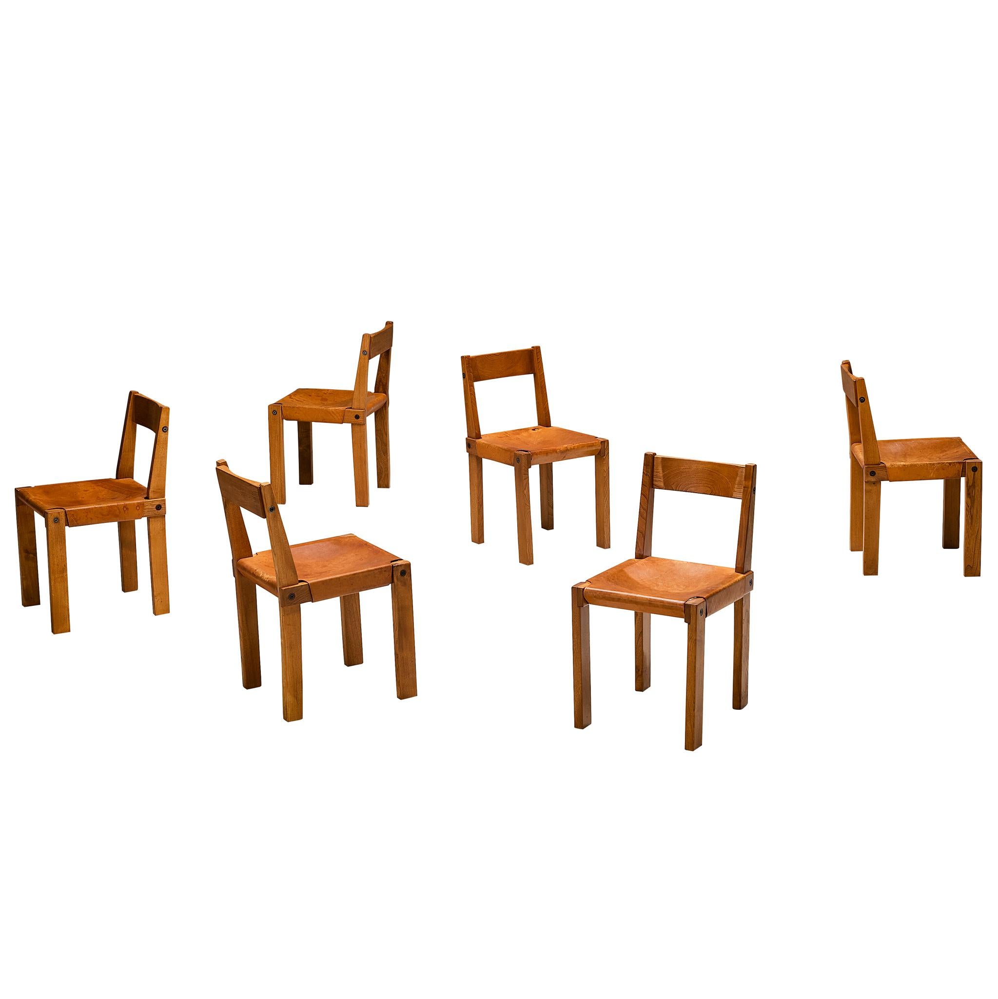 Early Pierre Chapo 
S24
 Set of Six Dining Chairs in Cognac Leather and Elm