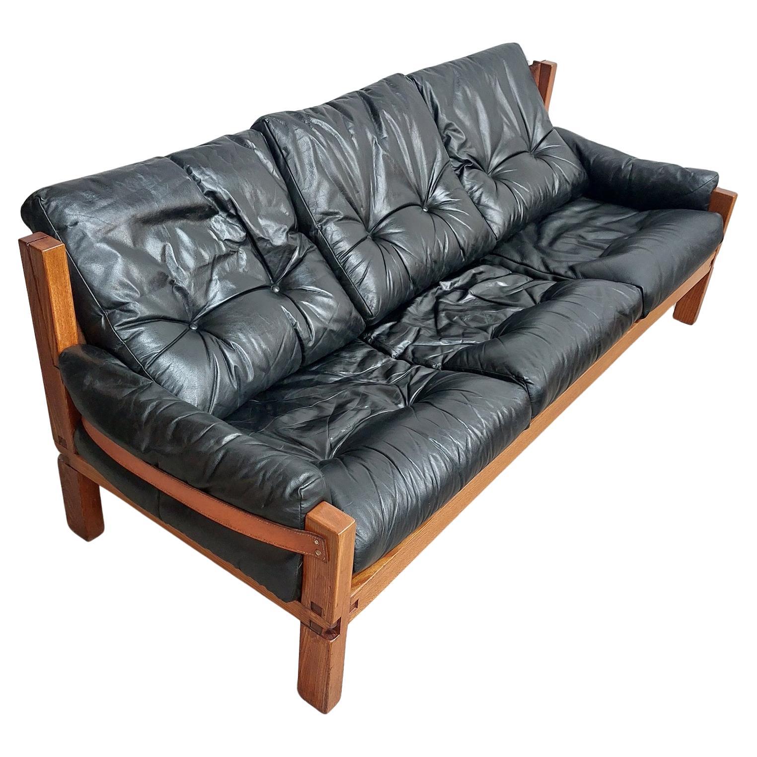 Early Pierre Chapo S32  3-seater sofa black leather and elmwood, 1970s France For Sale