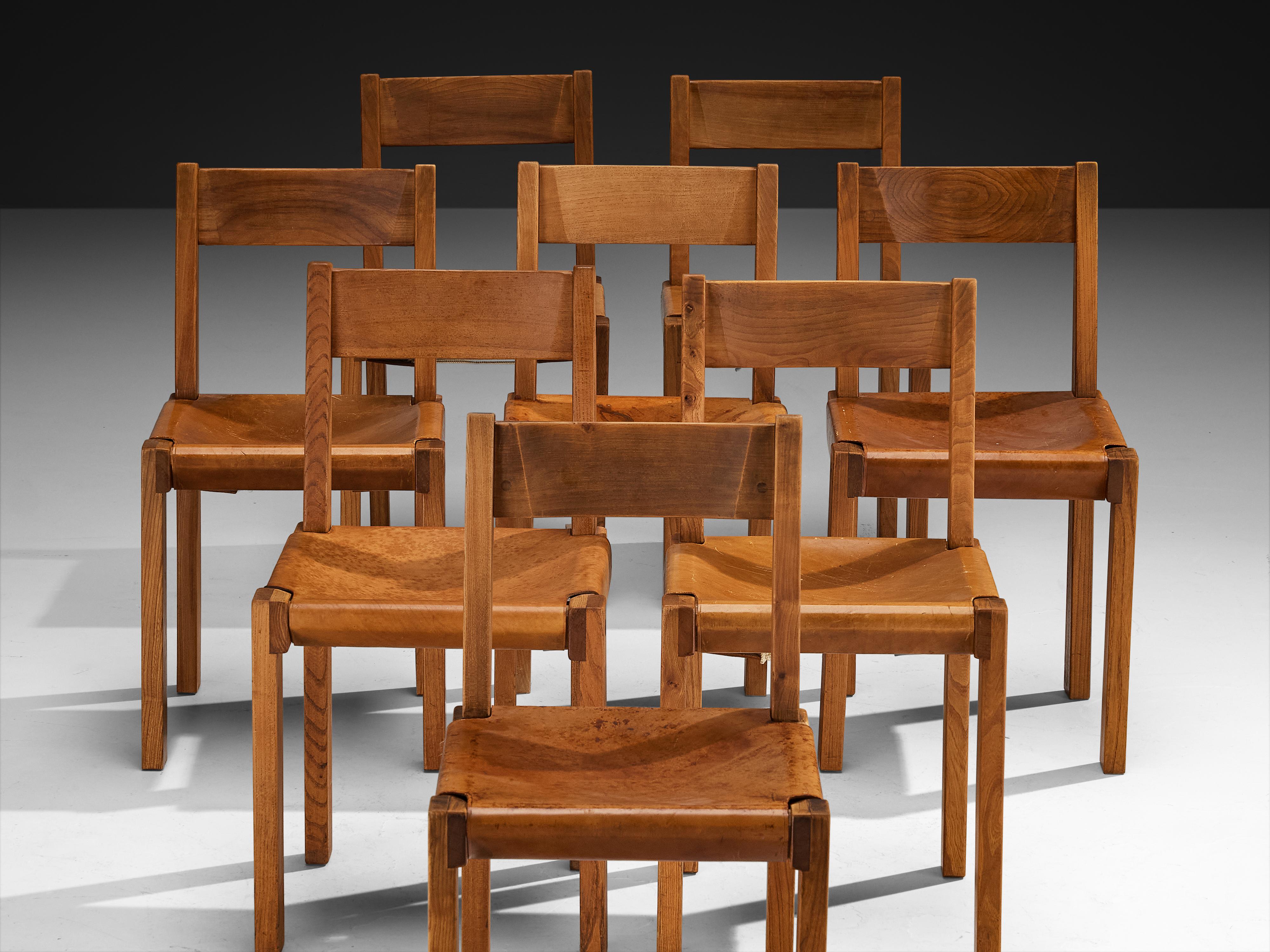 Set di otto sedie da pranzo 'S24' in pelle e olmo color cognac di Pierre Chapo in vendita 2