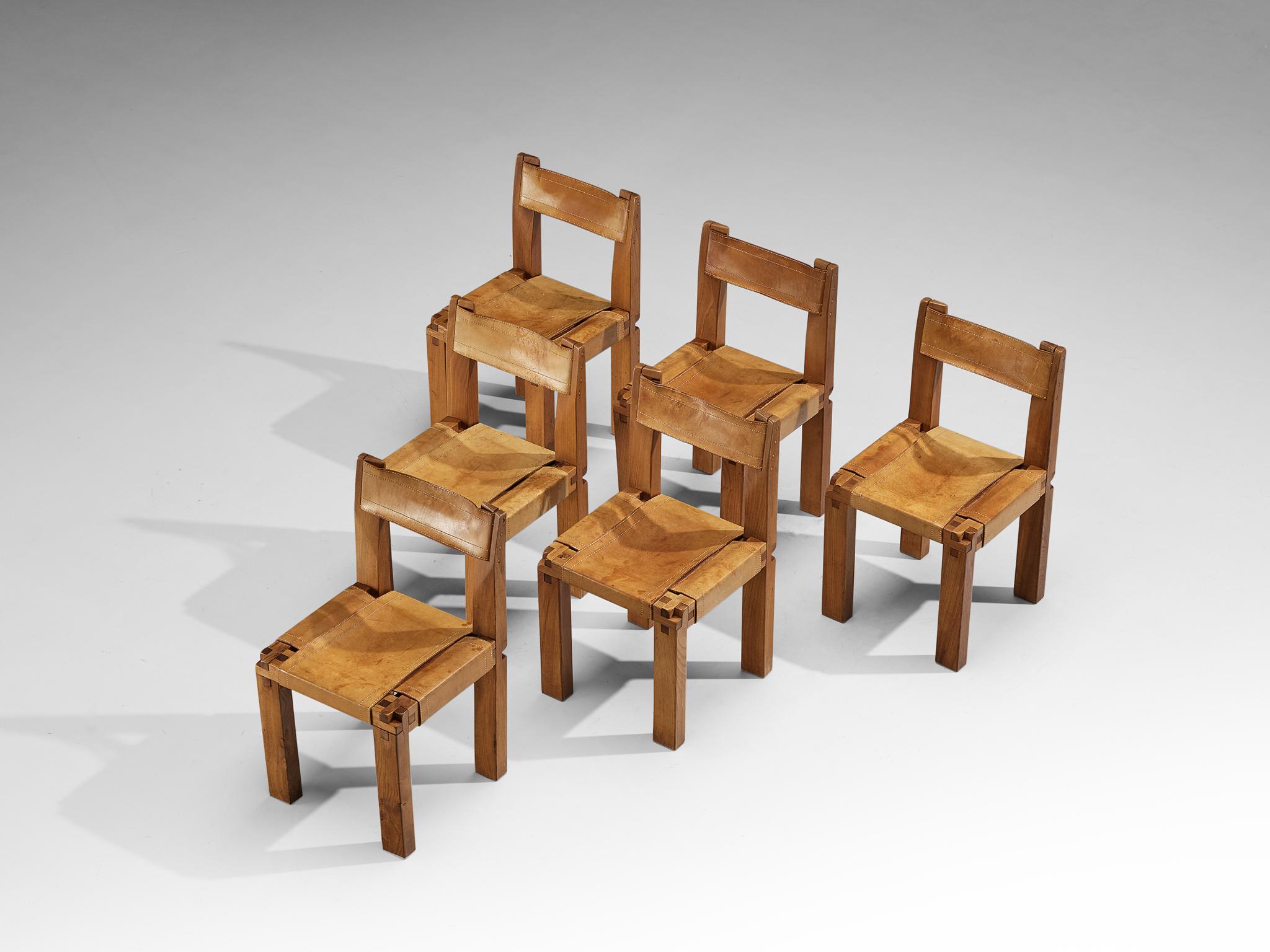 Pierre Chapo, set of six dining chairs model 'S11', elm, leather, rope, France, circa 1966.

This design is an early edition, created according to the original craft methodology of Pierre Chapo. Crafted from solid elmwood, the chairs exhibit a