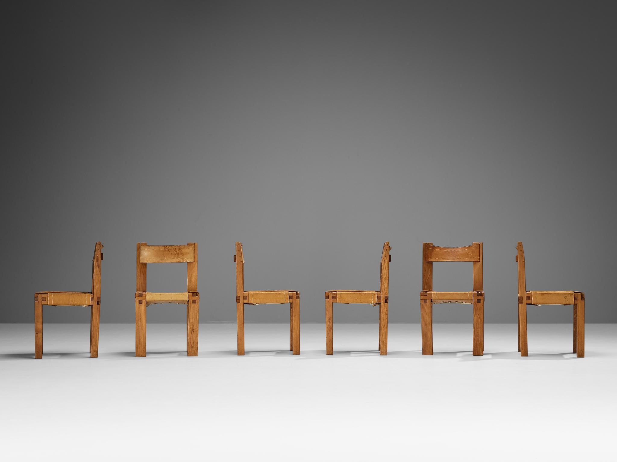 Mid-Century Modern Early Pierre Chapo Set of Six Dining Chairs in Elm and Cognac Leather