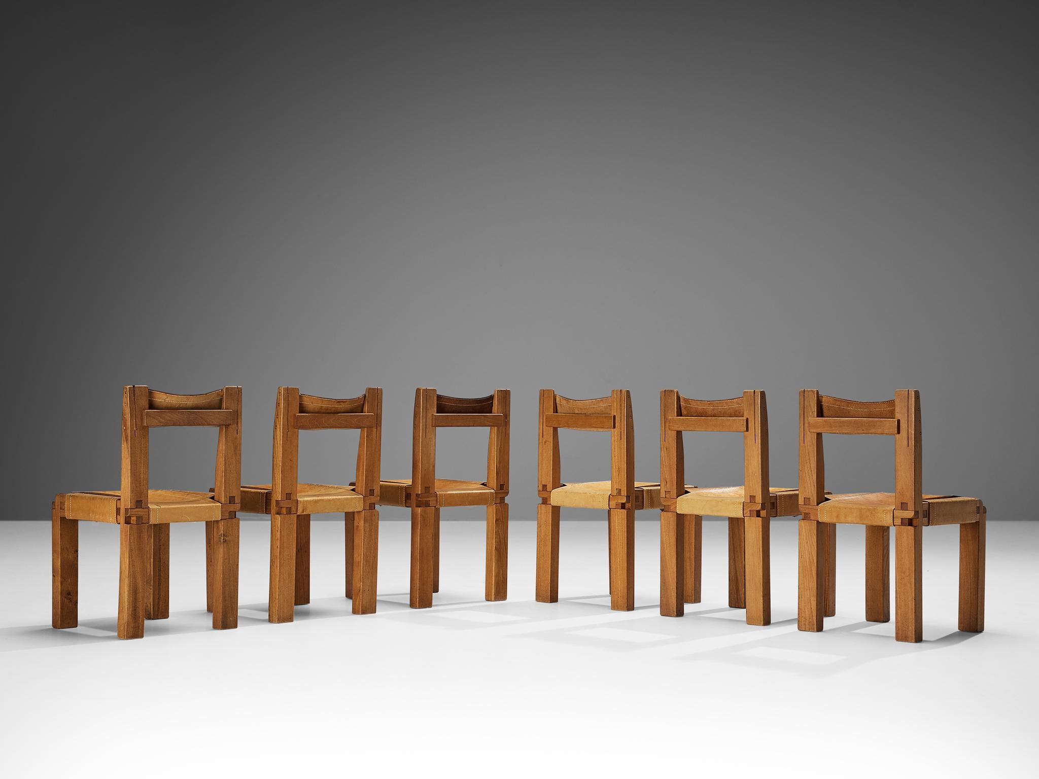 French Early Pierre Chapo Set of Six Dining Chairs in Elm and Cognac Leather