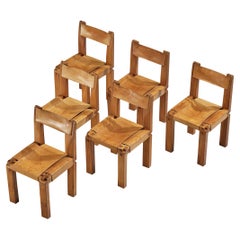 Early Pierre Chapo Set of Six Dining Chairs in Elm and Cognac Leather