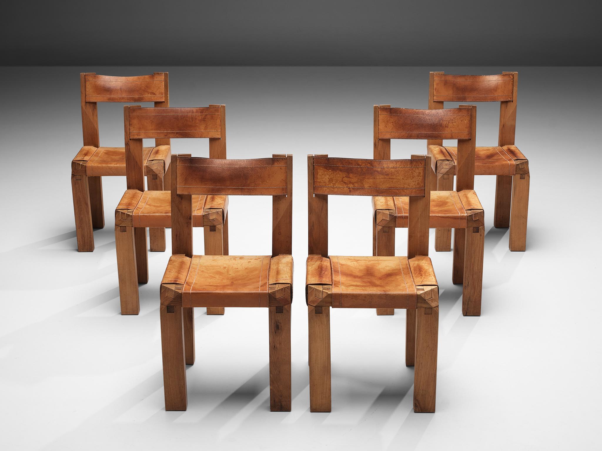 French Early Pierre Chapo Set of Six 'S11' Chairs in Cognac Leather and Elm  For Sale