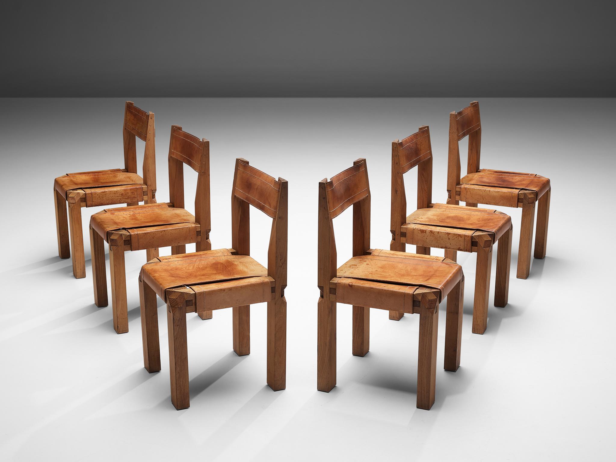 Mid-20th Century Early Pierre Chapo Set of Six 'S11' Chairs in Cognac Leather and Elm  For Sale
