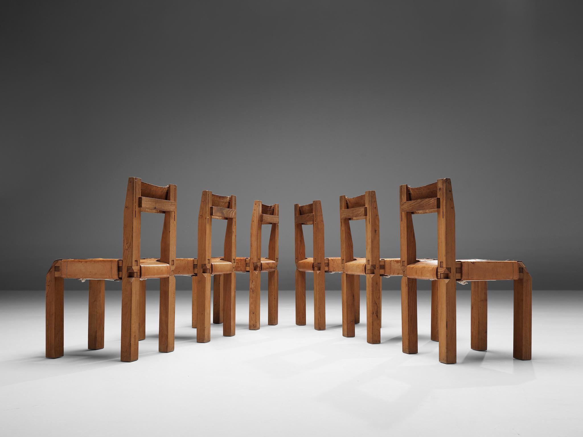 Early Pierre Chapo Set of Six 'S11' Chairs in Cognac Leather and Elm  For Sale 2