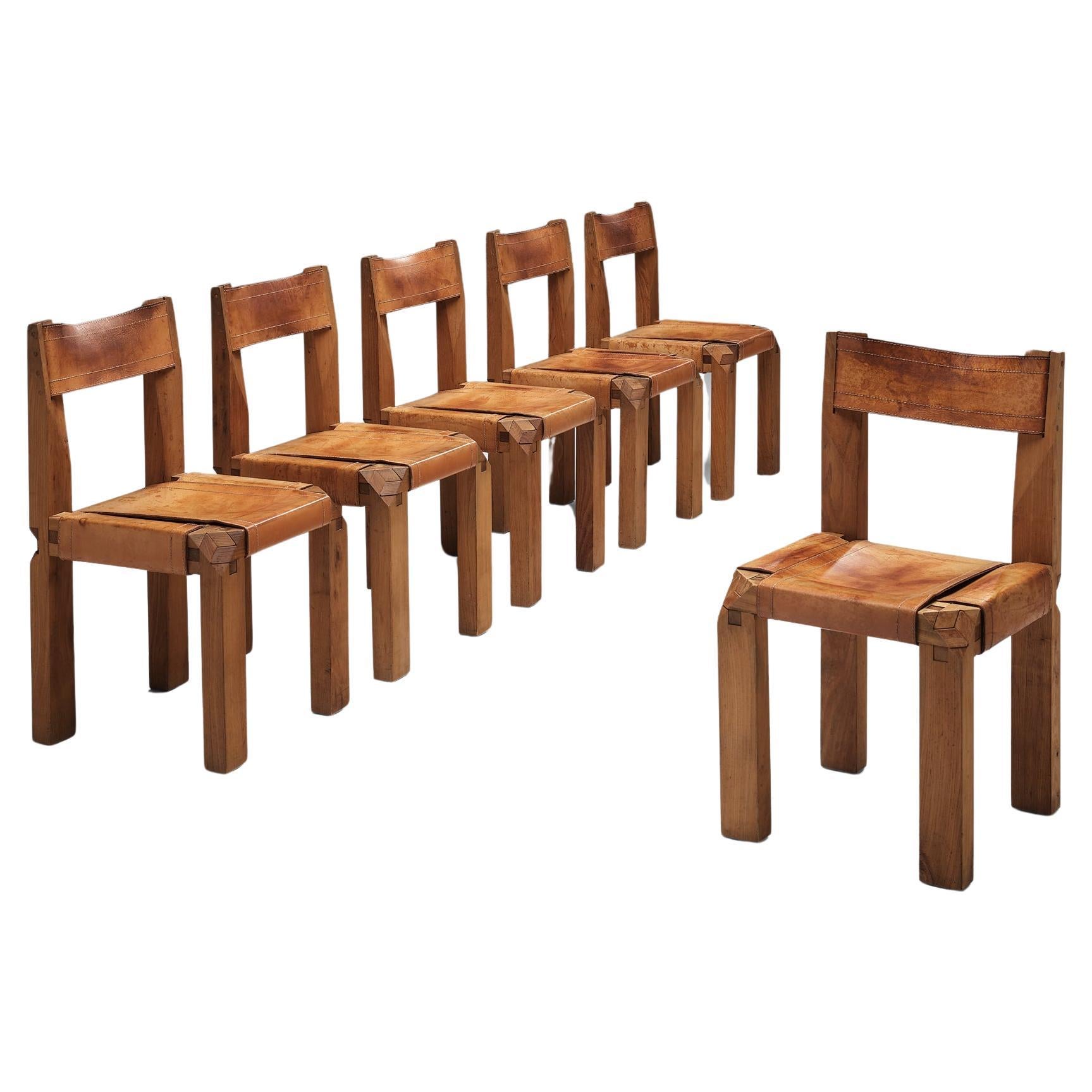 Early Pierre Chapo Set of Six 'S11' Chairs in Cognac Leather and Elm 