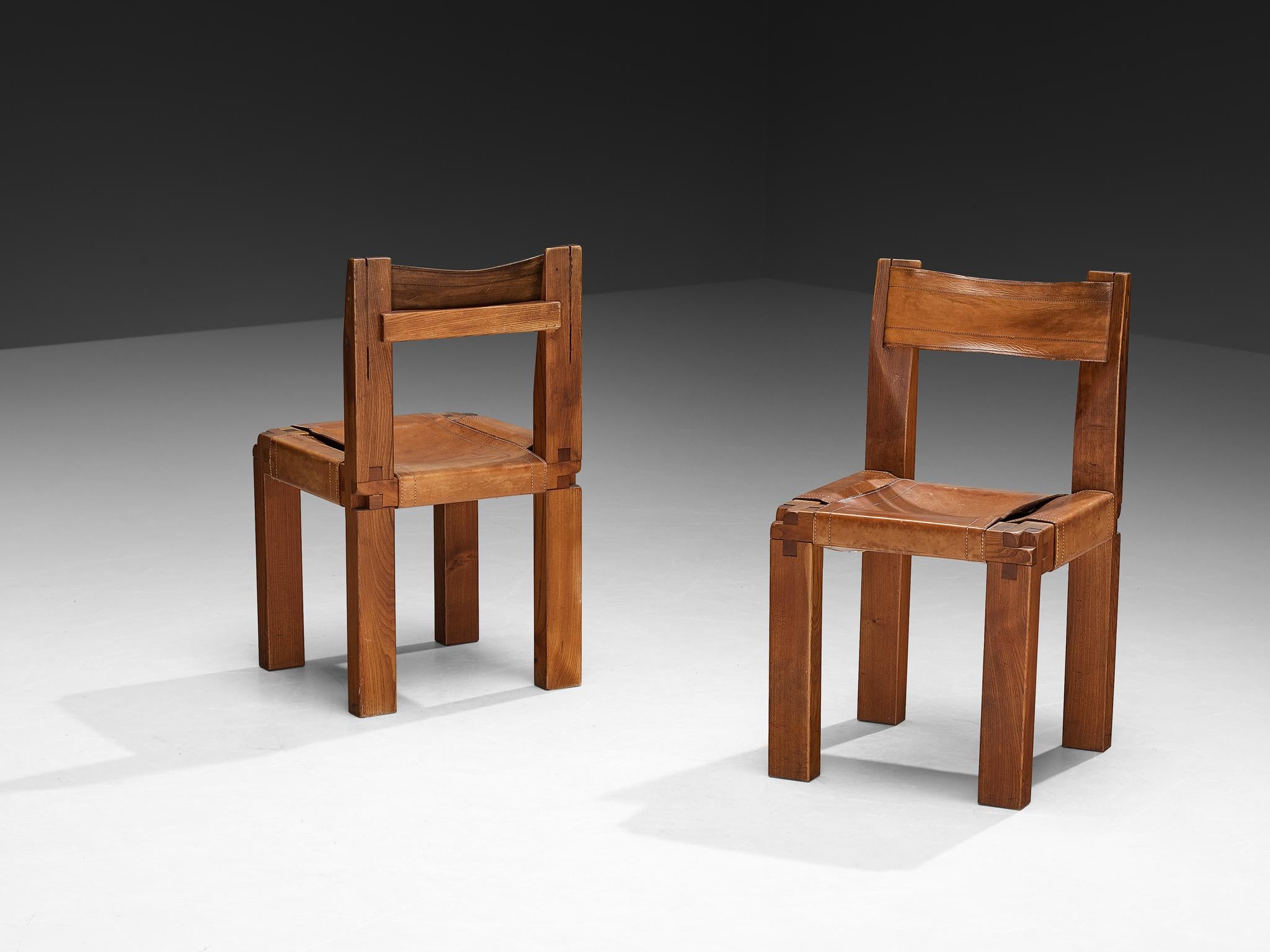 Early Pierre Chapo Set of Six 'S11' Dining Chairs in Elm and Cognac Leather For Sale 3