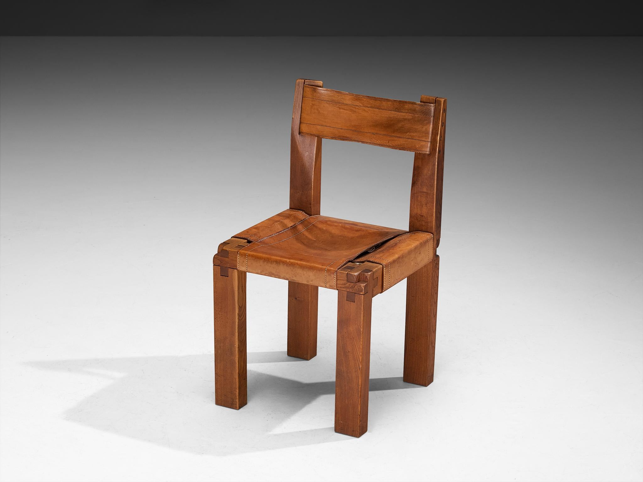 Early Pierre Chapo Set of Six 'S11' Dining Chairs in Elm and Cognac Leather For Sale 5