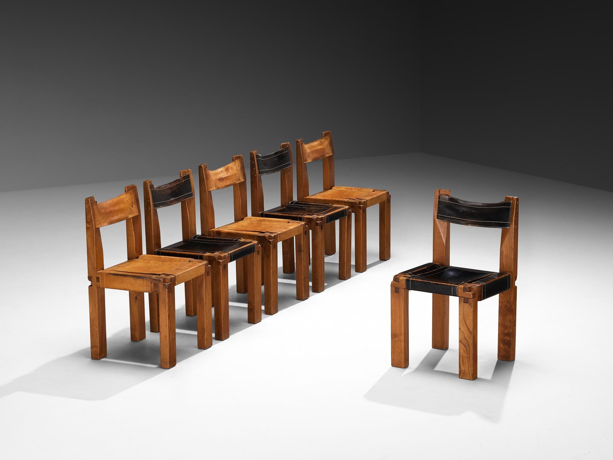 Pierre Chapo, set of six dining chairs, model 'S11', elm, leather, rope, France, circa 1966

This design is an early edition by Pierre Chapo. Crafted from solid elmwood, the chairs exhibit a refined cubic design that is both sleek and contemporary