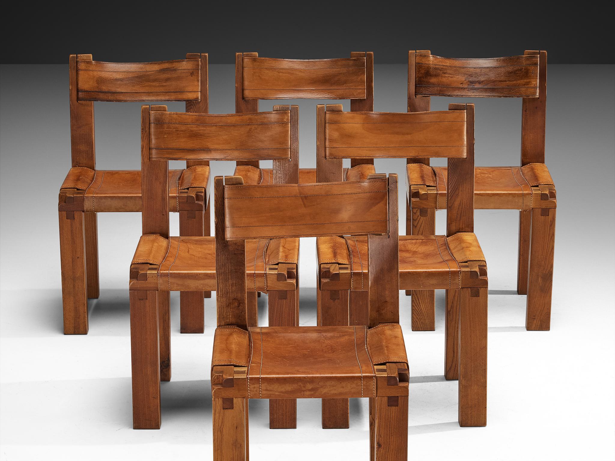 Mid-Century Modern Early Pierre Chapo Set of Six 'S11' Dining Chairs in Elm and Cognac Leather For Sale