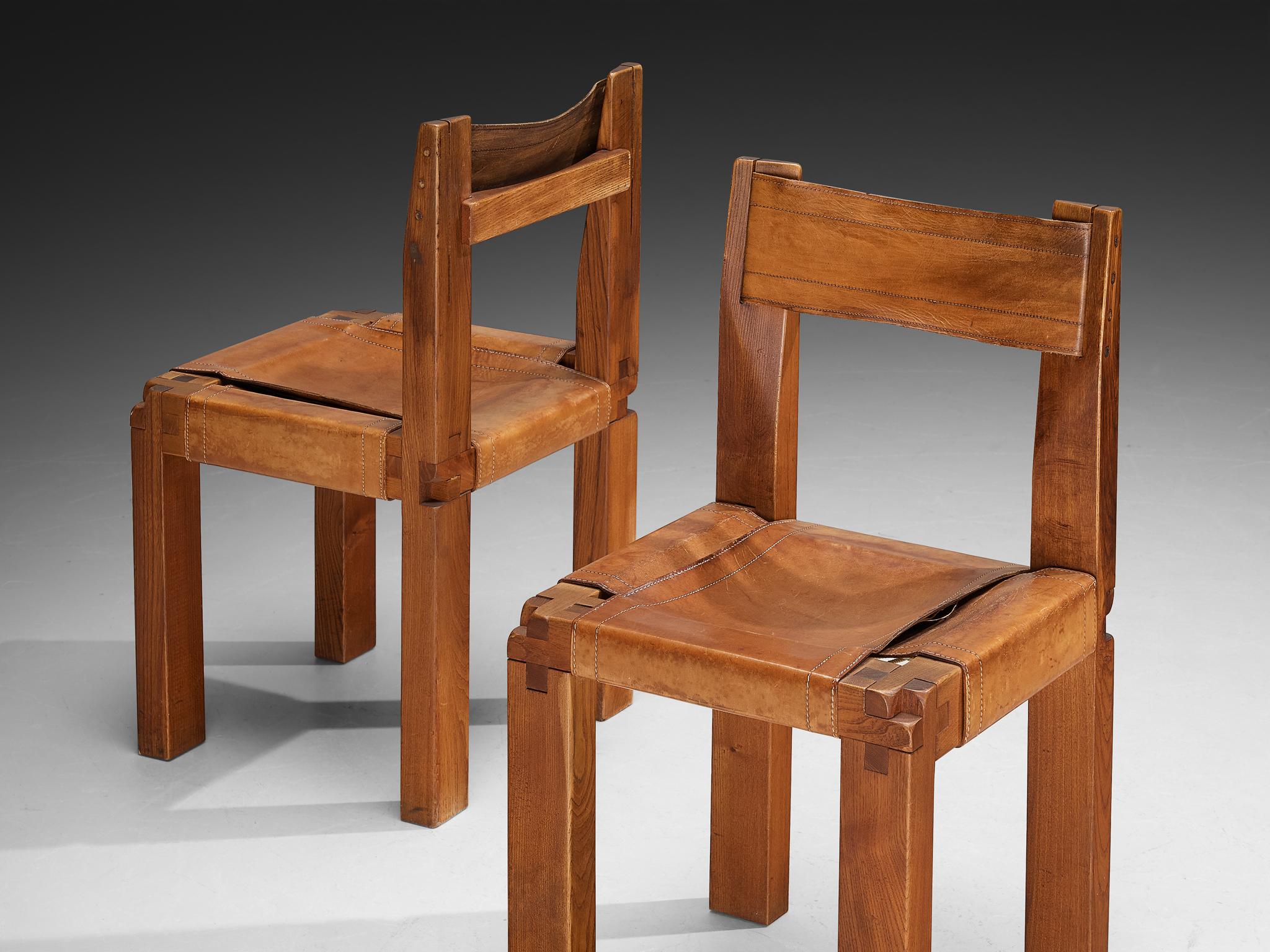 French Early Pierre Chapo Set of Six 'S11' Dining Chairs in Elm and Cognac Leather For Sale