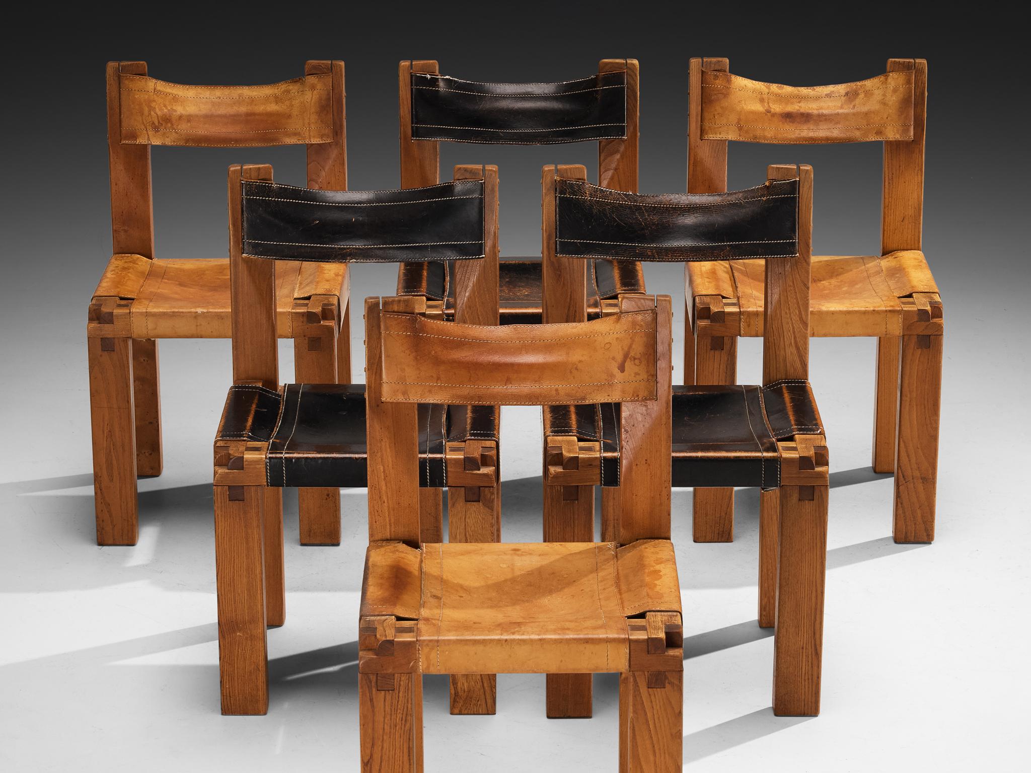 French Early Pierre Chapo Set of Six 'S11' Dining Chairs in Elm and Cognac Leather For Sale