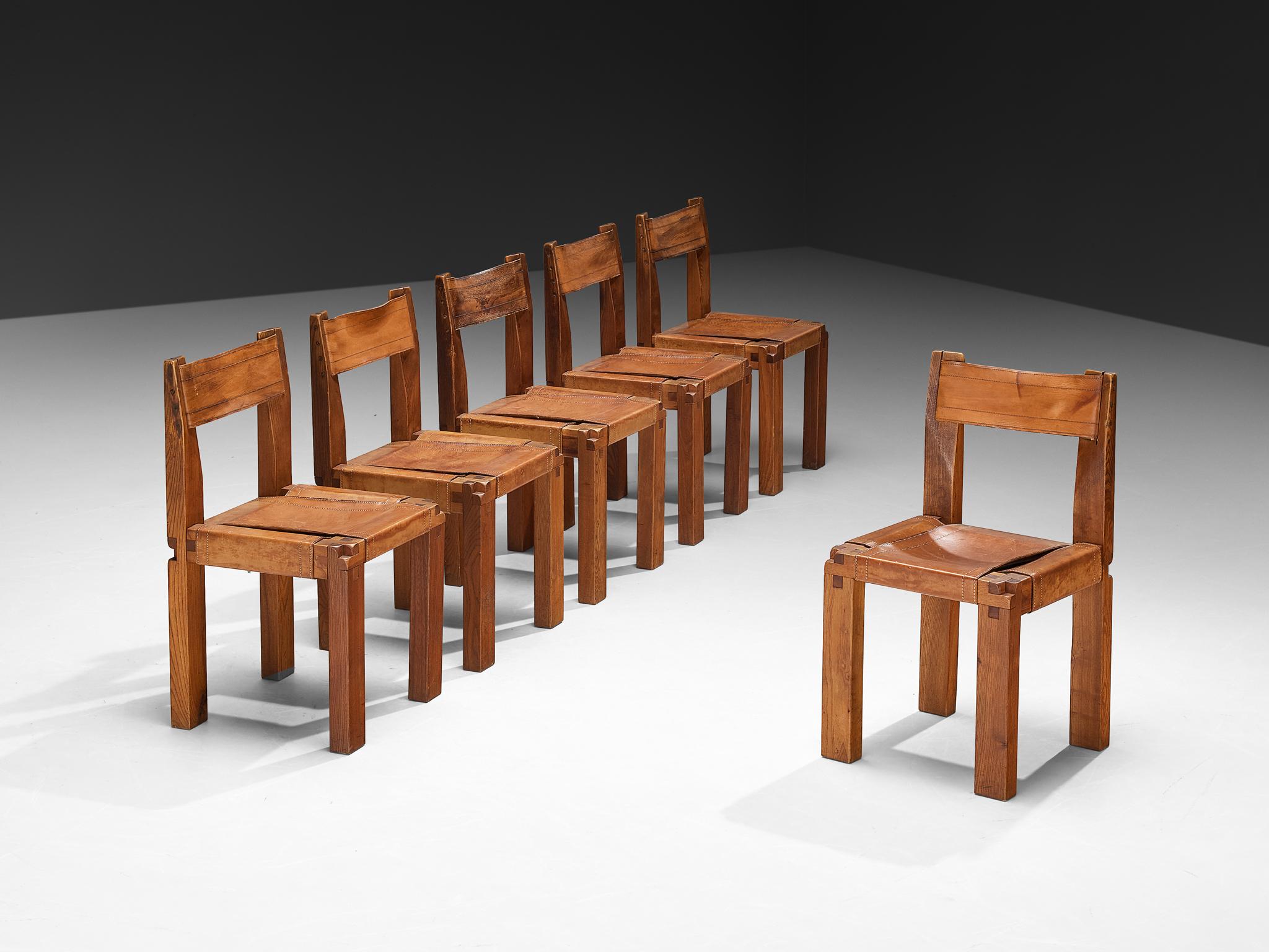 Early Pierre Chapo Set of Six 'S11' Dining Chairs in Elm and Cognac Leather In Good Condition For Sale In Waalwijk, NL