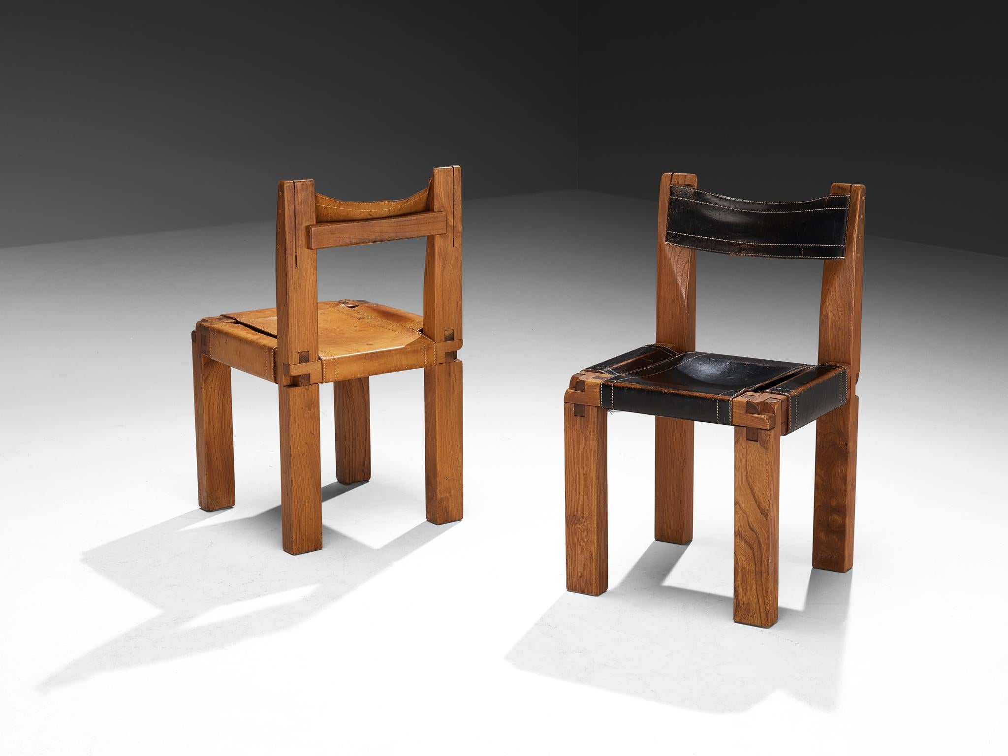 Early Pierre Chapo Set of Six 'S11' Dining Chairs in Elm and Cognac Leather In Good Condition For Sale In Waalwijk, NL