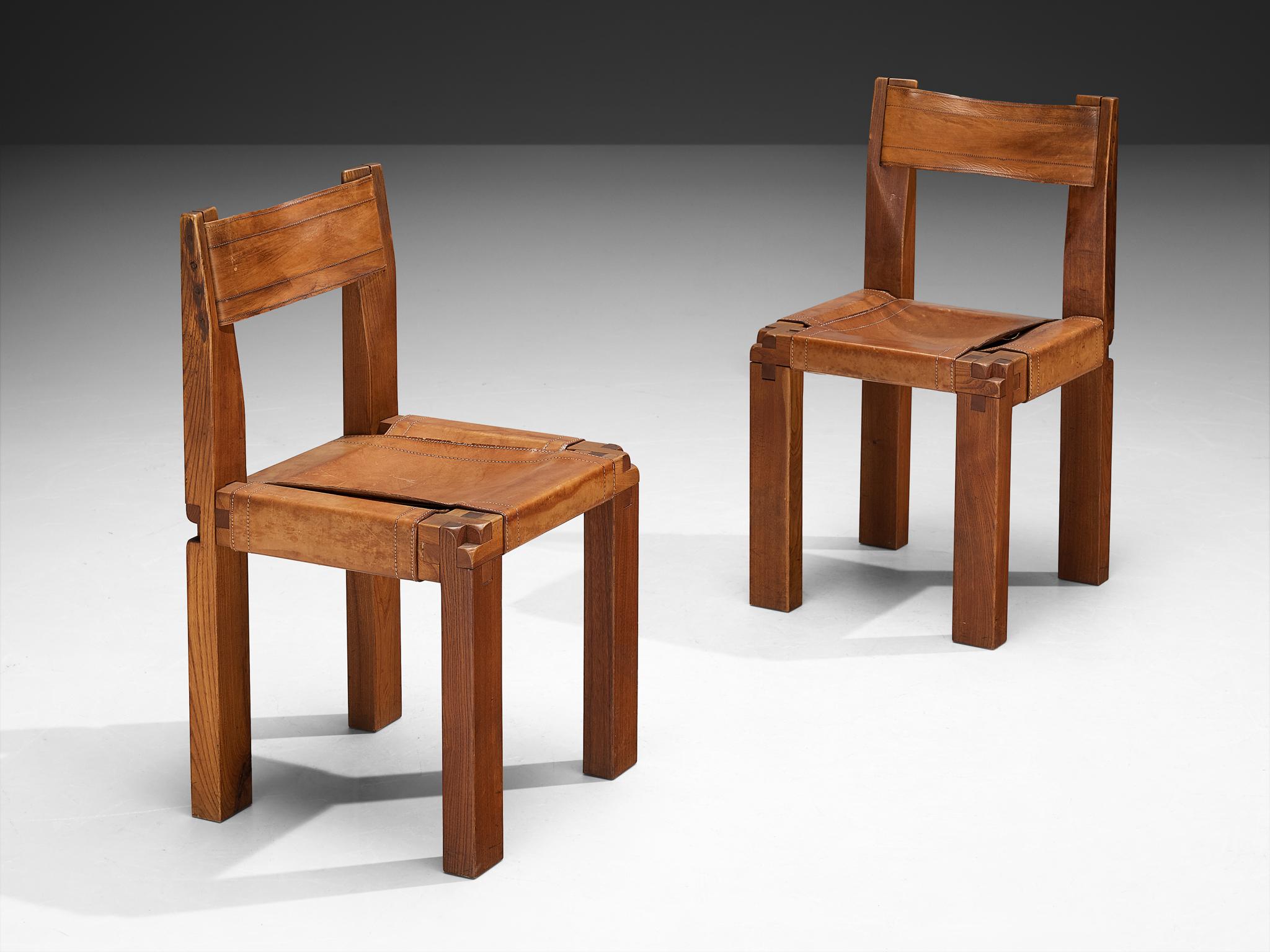 Late 20th Century Early Pierre Chapo Set of Six 'S11' Dining Chairs in Elm and Cognac Leather For Sale