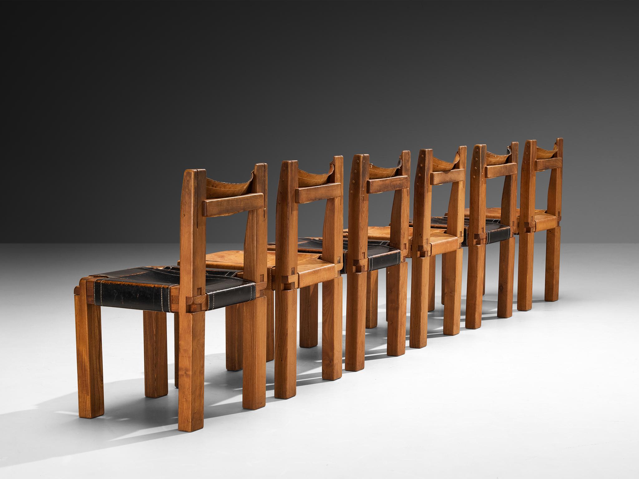 Mid-20th Century Early Pierre Chapo Set of Six 'S11' Dining Chairs in Elm and Cognac Leather For Sale