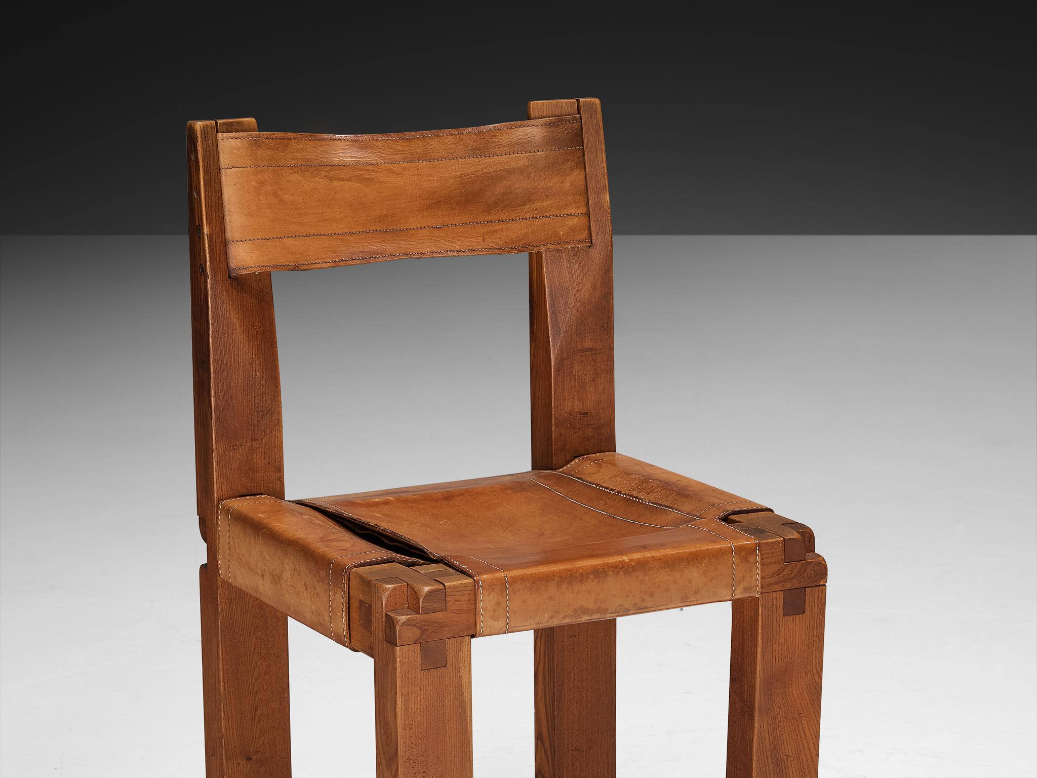 Brass Early Pierre Chapo Set of Six 'S11' Dining Chairs in Elm and Cognac Leather For Sale