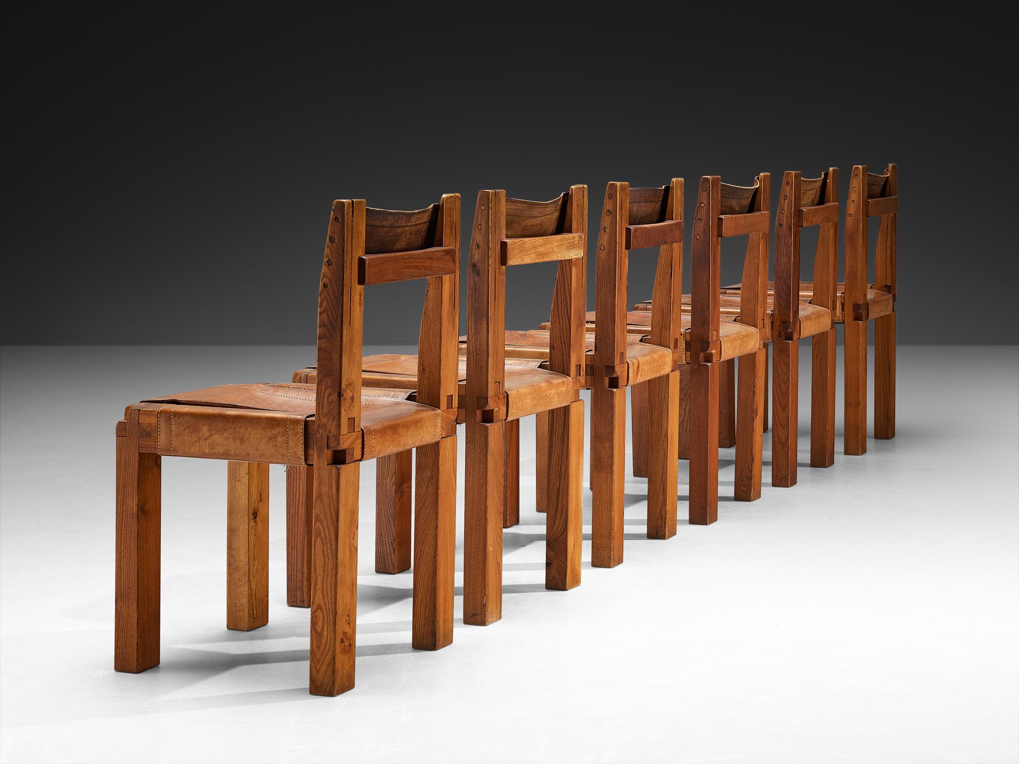 Early Pierre Chapo Set of Six 'S11' Dining Chairs in Elm and Cognac Leather For Sale 1
