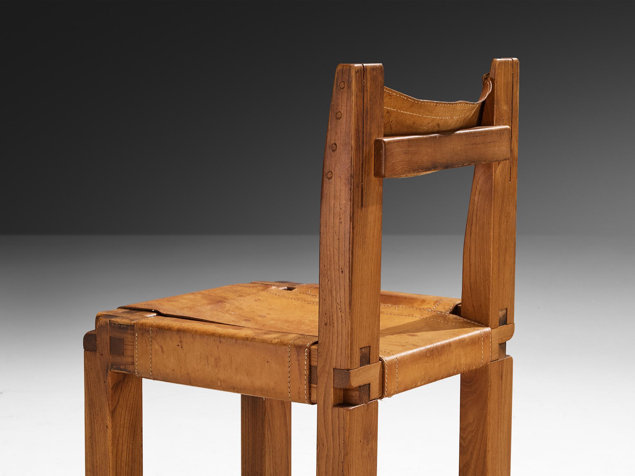 Early Pierre Chapo Set of Six 'S11' Dining Chairs in Elm and Cognac Leather For Sale 2