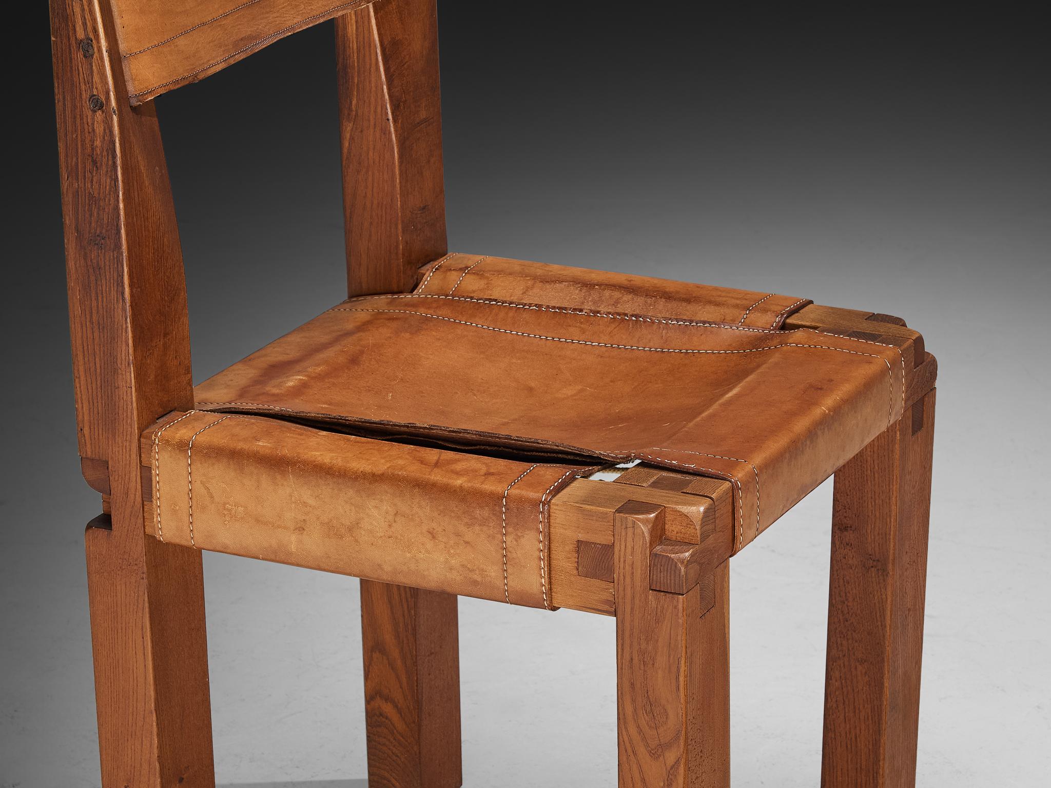 Early Pierre Chapo Set of Six 'S11' Dining Chairs in Elm and Cognac Leather For Sale 2