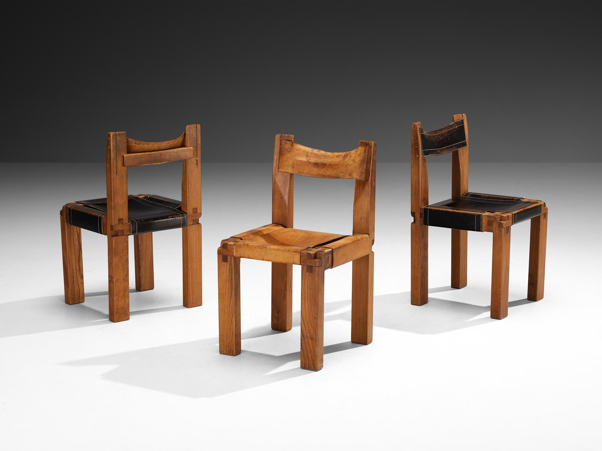 Early Pierre Chapo Set of Six 'S11' Dining Chairs in Elm and Cognac Leather For Sale 3