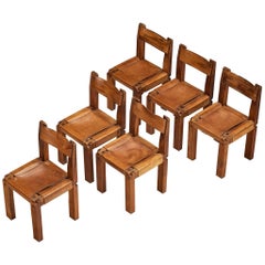 Early Pierre Chapo Set of Six 'S11' Dining Chairs in Elm and Cognac Leather