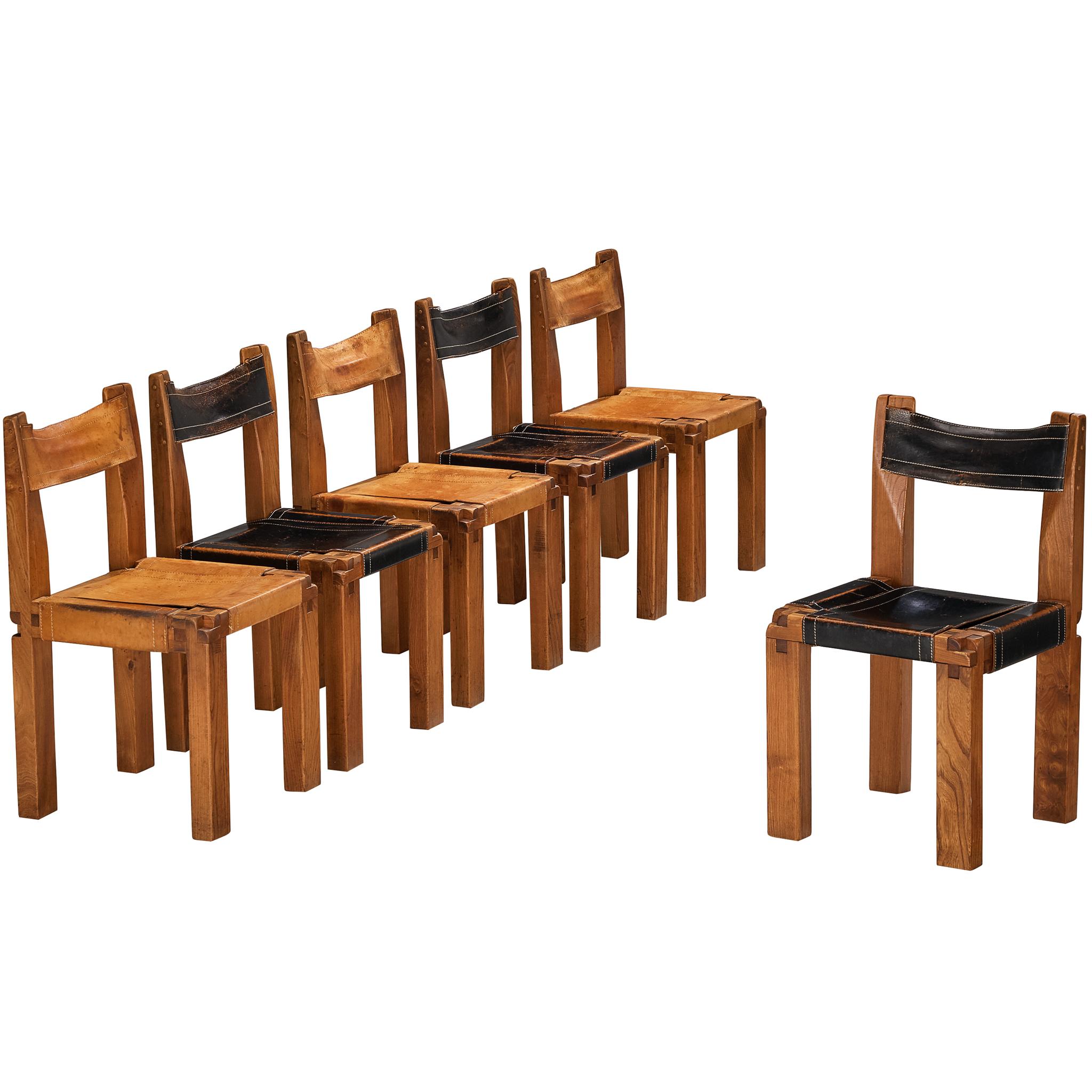 Early Pierre Chapo Set of Six 'S11' Dining Chairs in Elm and Cognac Leather