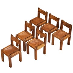 Early Pierre Chapo Set of Six 'S11' Dining Chairs in Elm and Cognac Leather