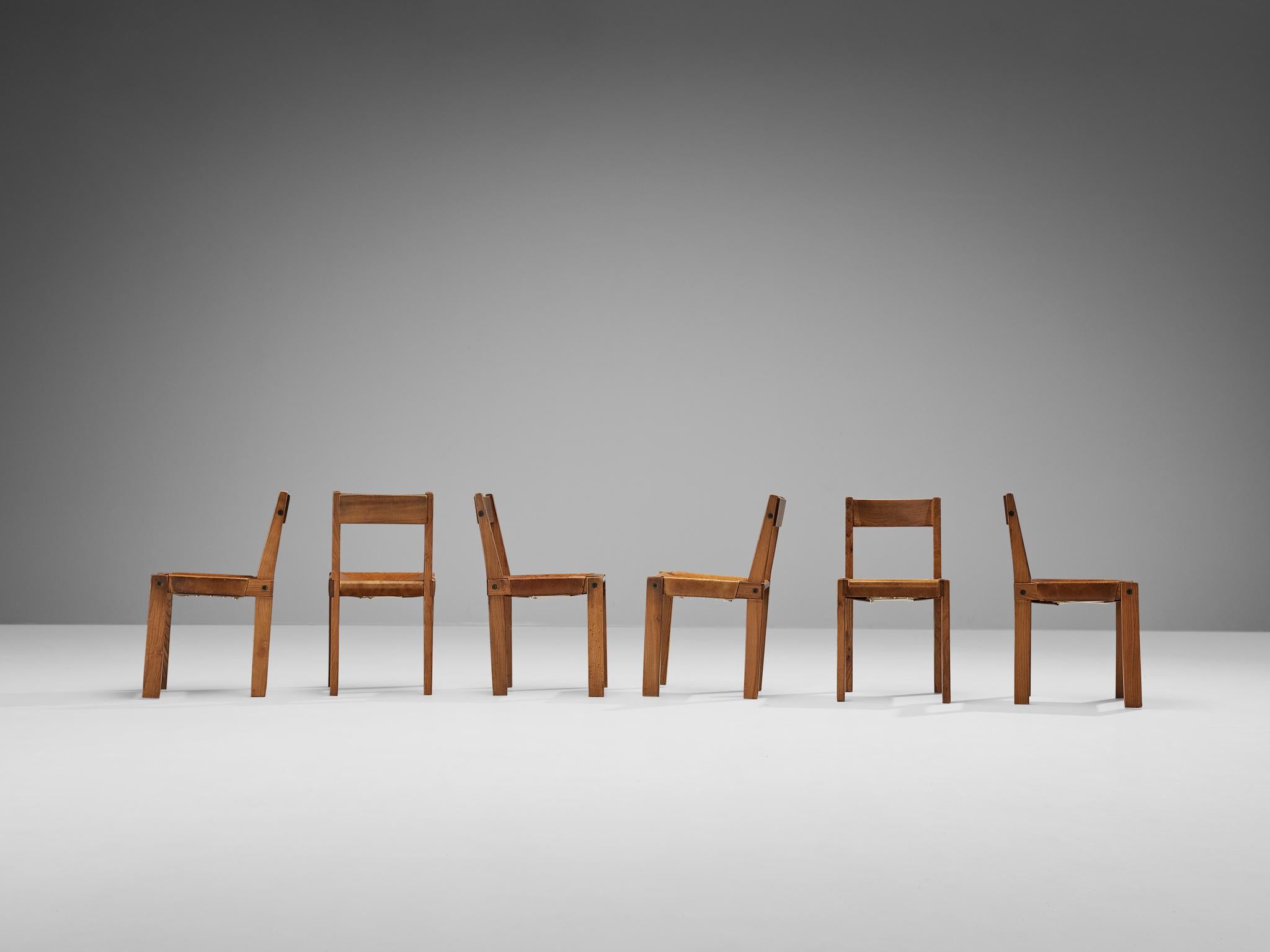 Lot de six chaises de salle à manger S24 en cuir cognac et orme de Pierre Chapo  Bon état - En vente à Waalwijk, NL