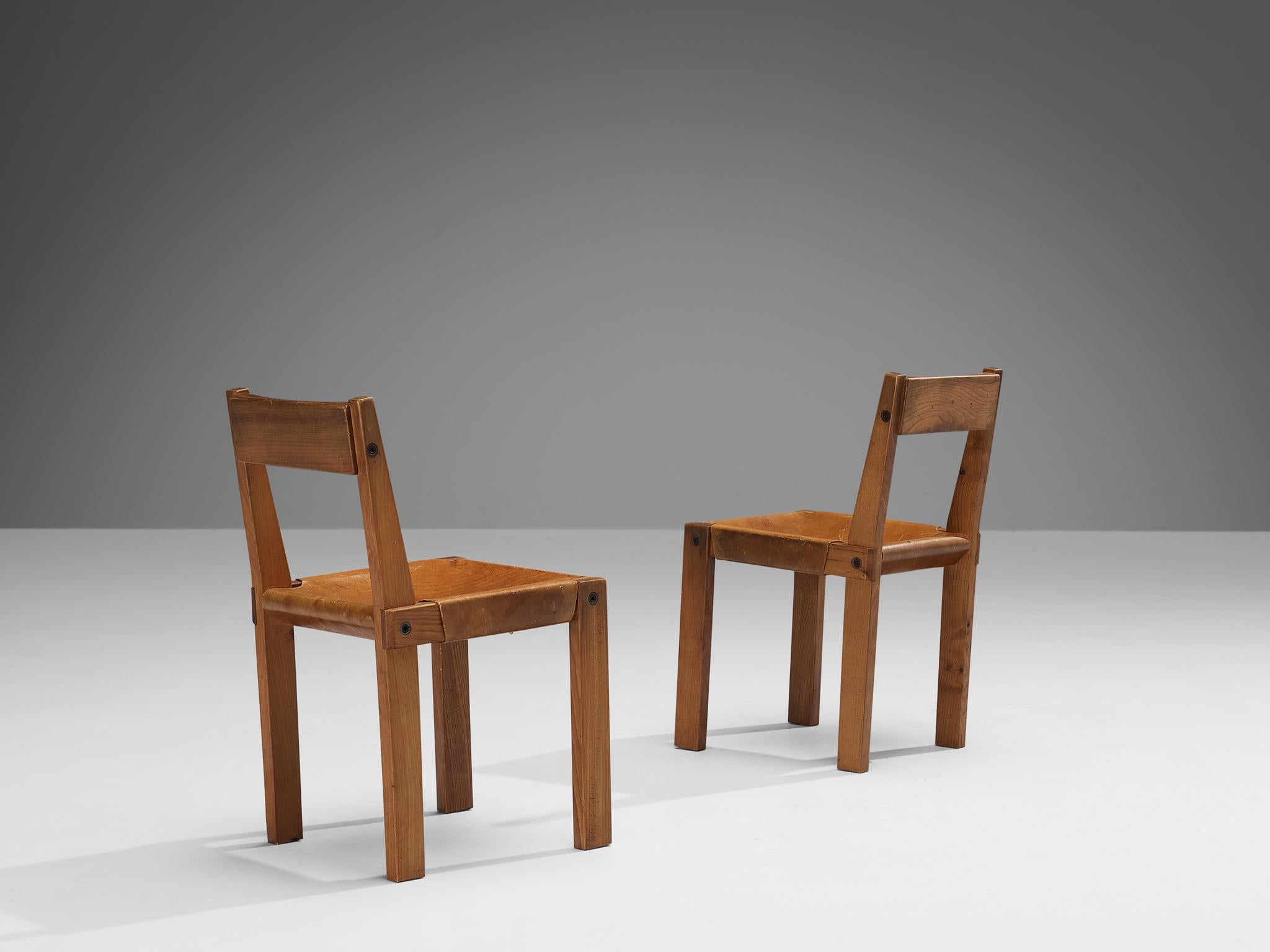 Early Pierre Chapo Set of Six 'S24' Dining Chairs in Cognac Leather and Elm  For Sale 1