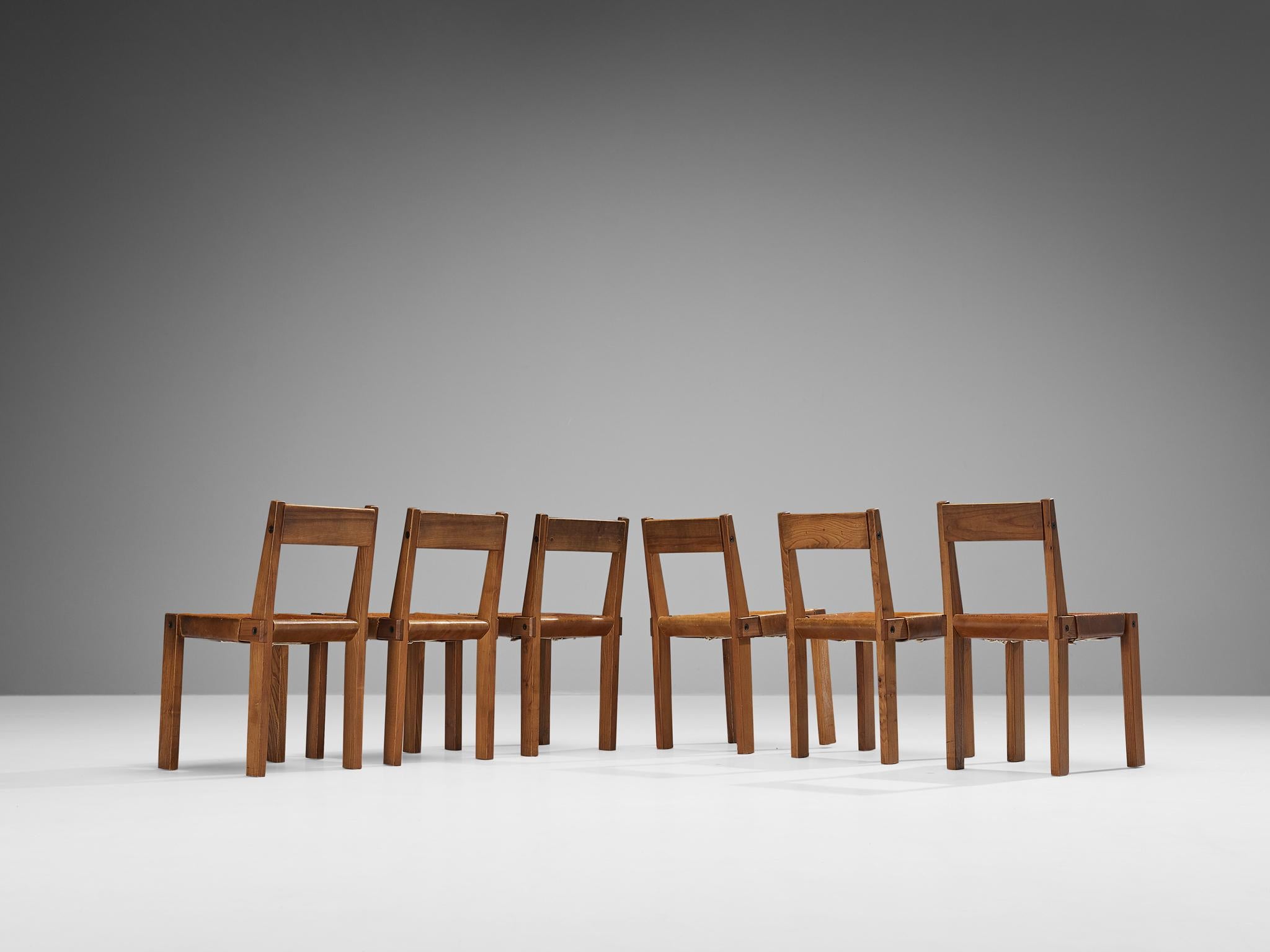 Early Pierre Chapo Set of Six 'S24' Dining Chairs in Cognac Leather and Elm  For Sale 3