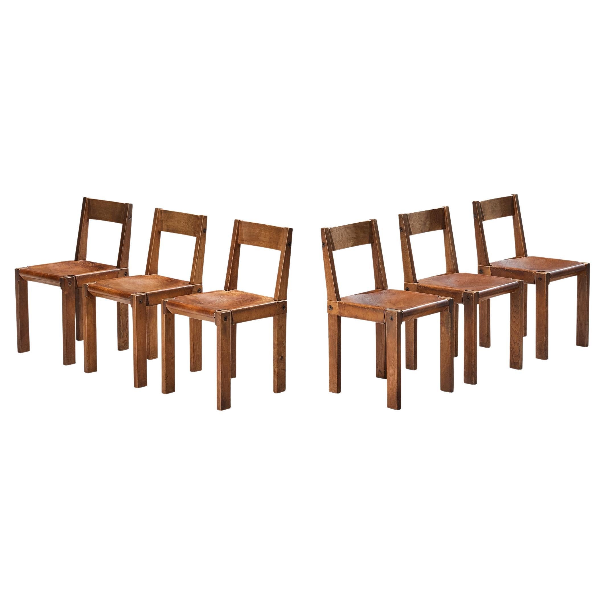 Pierre Chapo Set of Six Dining Chairs in Elm and Patinated Cognac