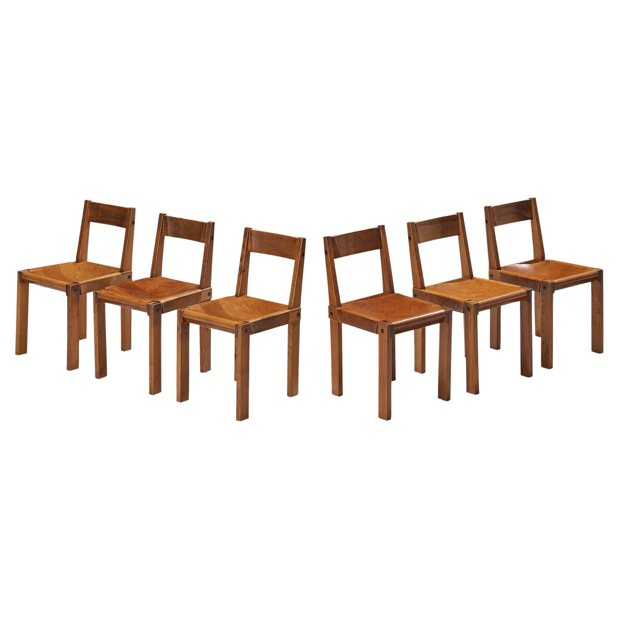 Early Pierre Chapo Set of Six 'S24' Dining Chairs in Cognac Leather and Elm 