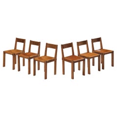 Vintage Early Pierre Chapo Set of Six 'S24' Dining Chairs in Cognac Leather and Elm 