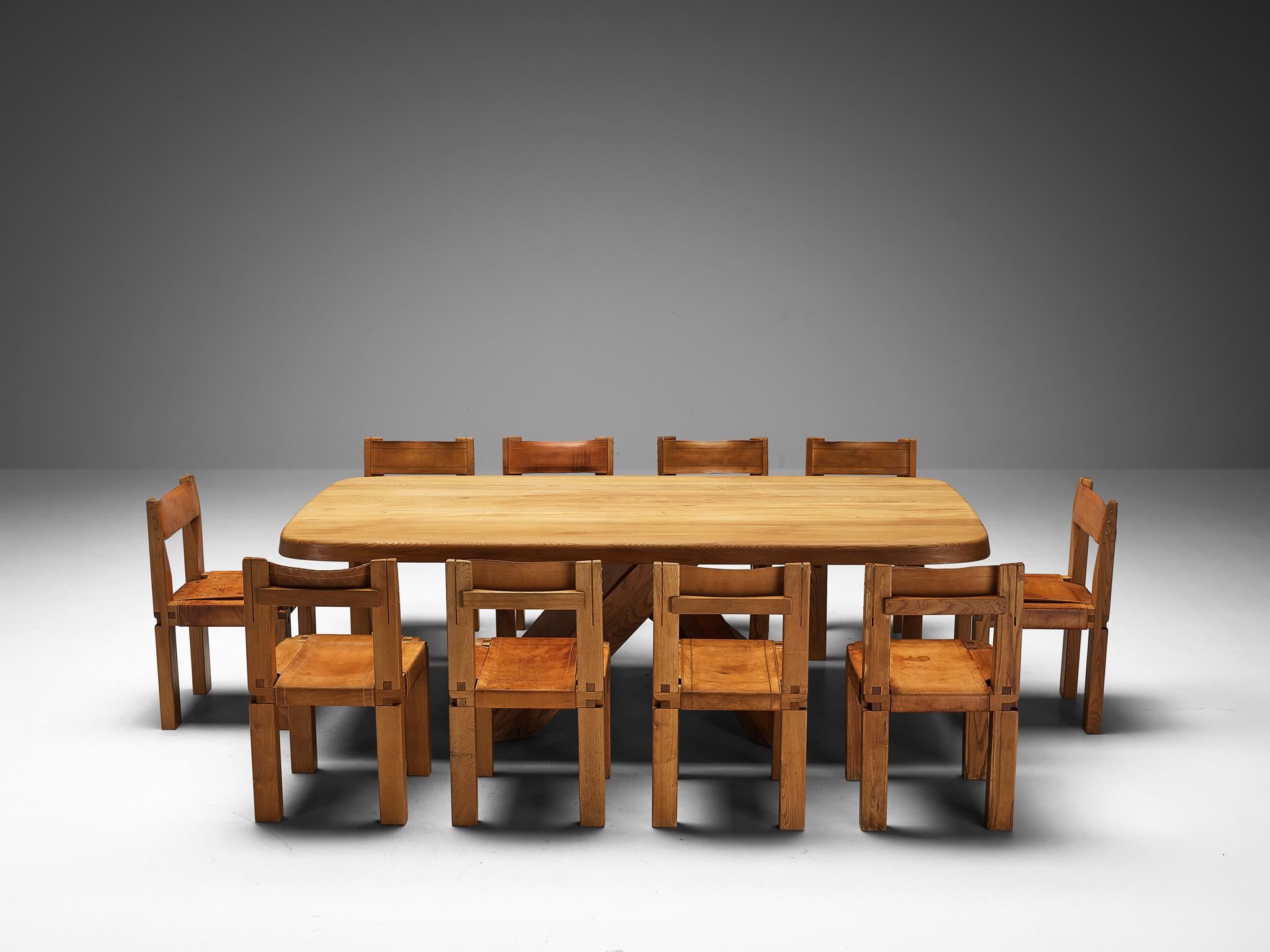 Ensemble de dix chaises de salle à manger S11 et table de salle à manger Aban de Pierre Chapo d'époque  en vente 2