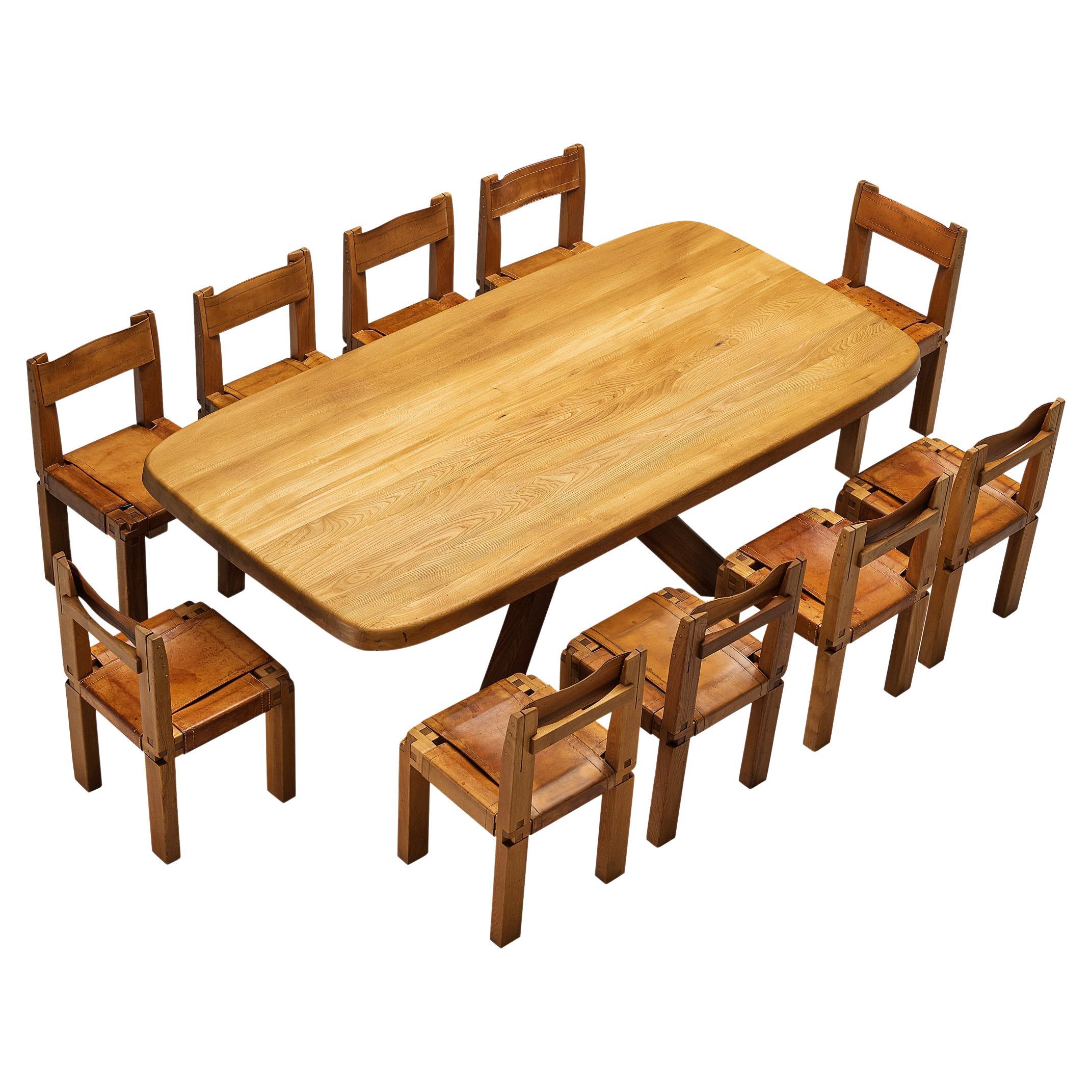 Early Pierre Chapo Set of Ten S11 Dining Chairs with Aban Dining Table  For Sale