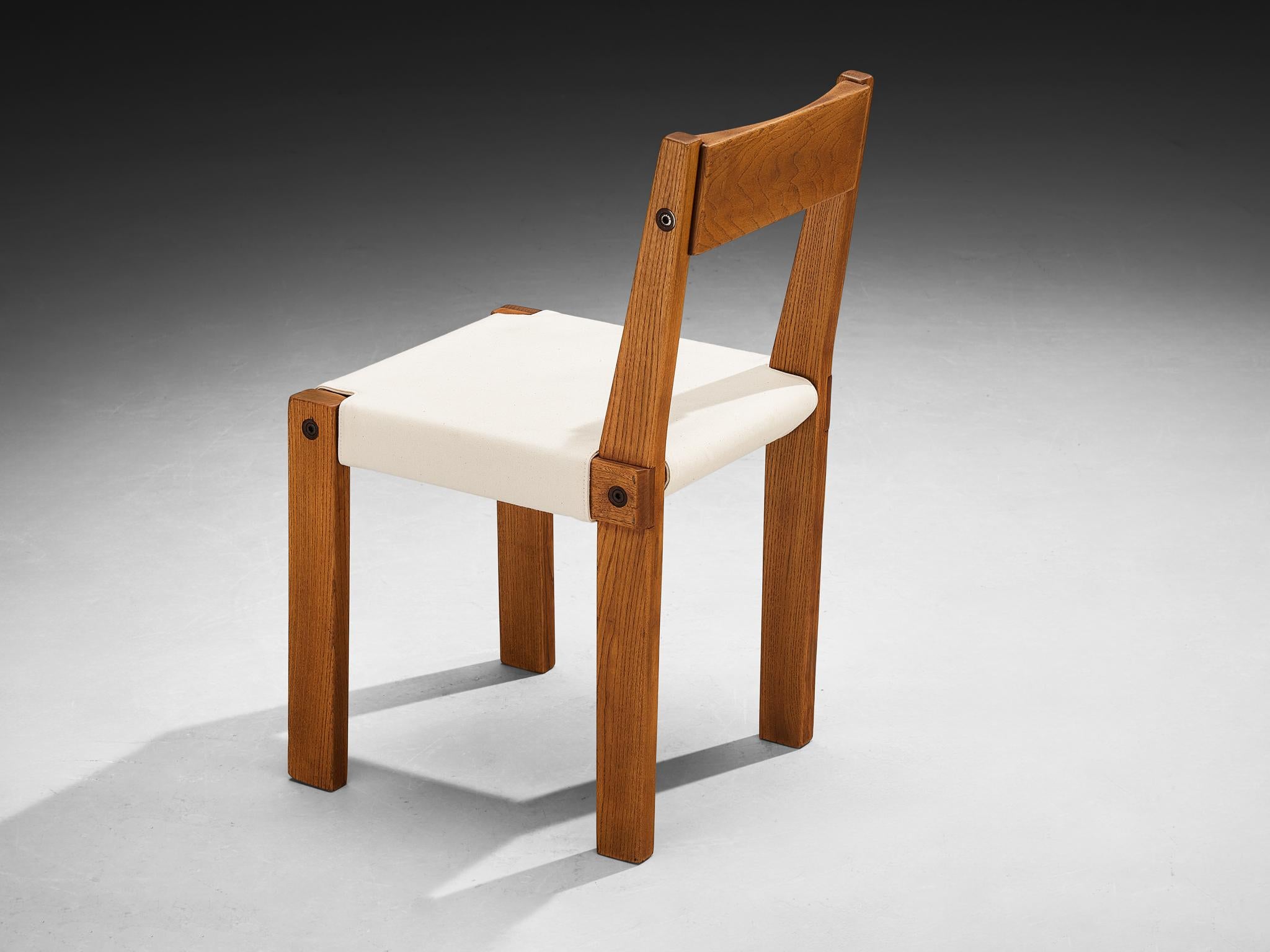 Early Pierre Chapo Set of Ten 'S24' Dining Chairs in White Canvas and Elm 3