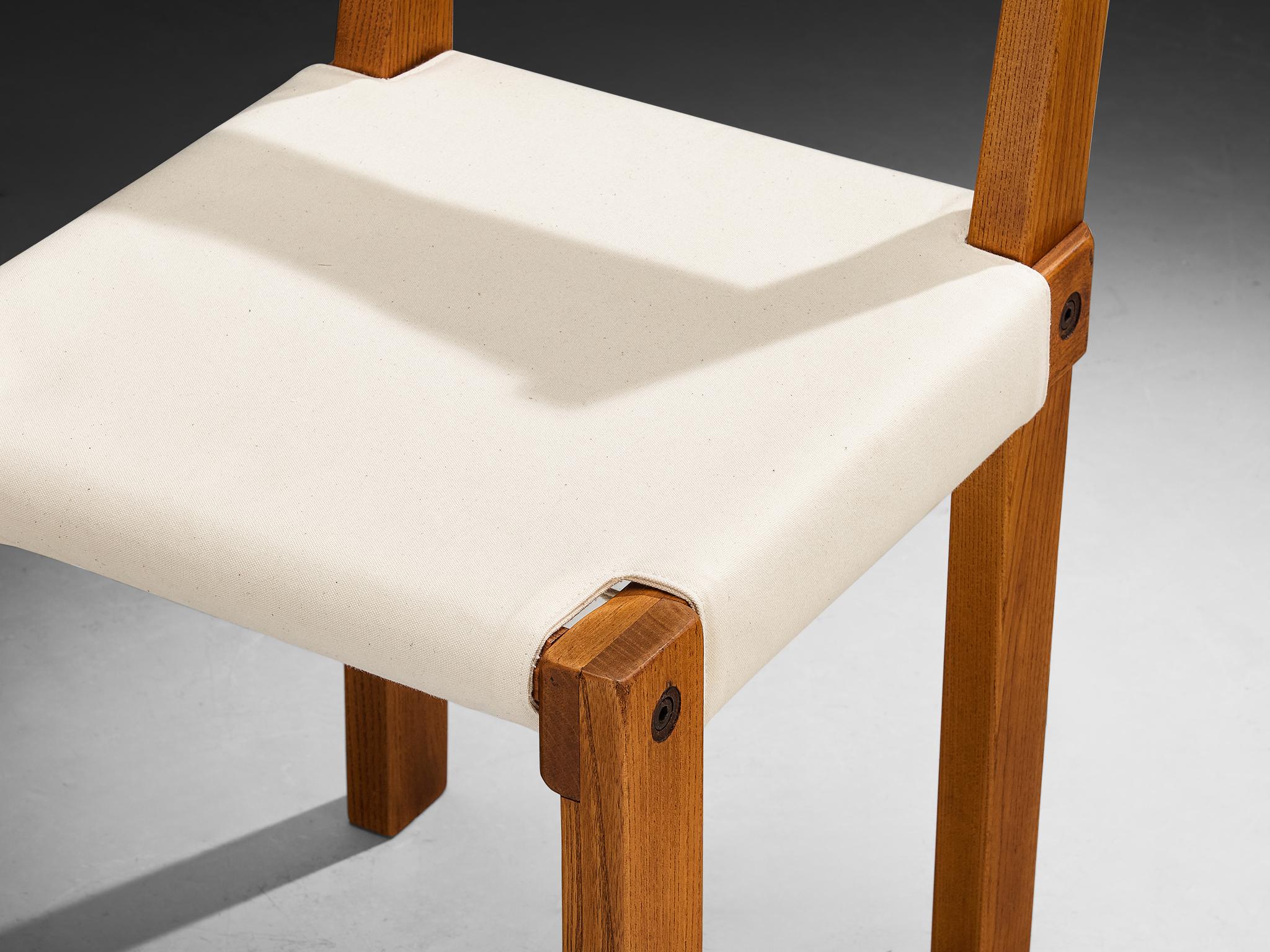 Early Pierre Chapo Set of Ten 'S24' Dining Chairs in White Canvas and Elm 4
