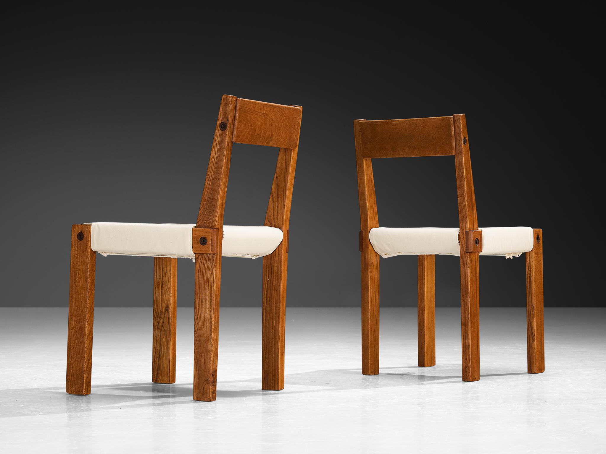 French Early Pierre Chapo Set of Ten 'S24' Dining Chairs in White Canvas and Elm