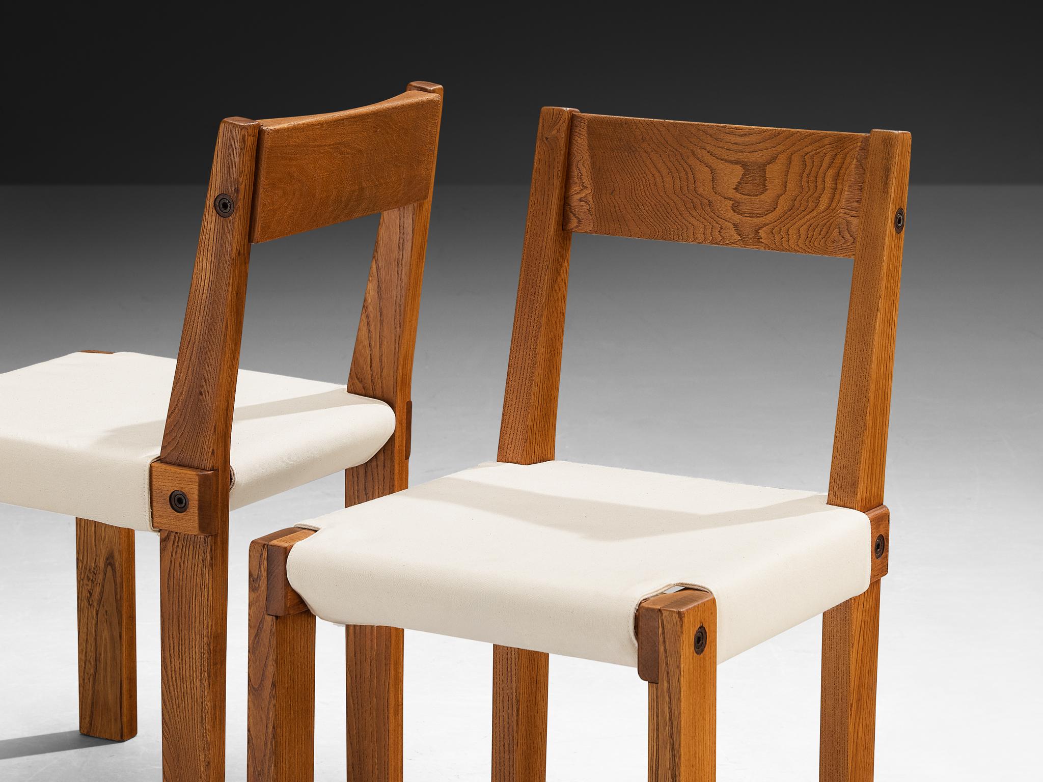 Early Pierre Chapo Set of Ten 'S24' Dining Chairs in White Canvas and Elm In Good Condition In Waalwijk, NL