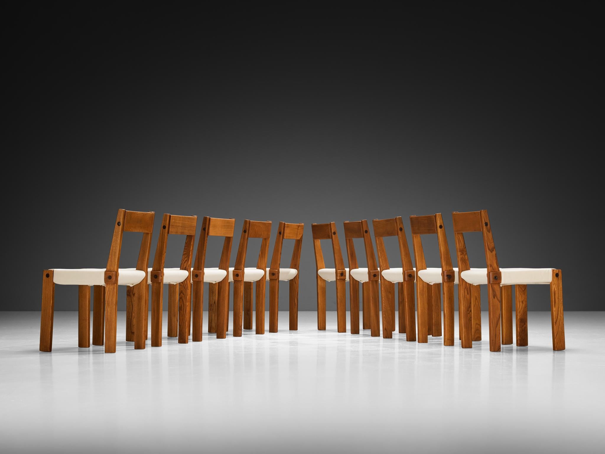 Brass Early Pierre Chapo Set of Ten 'S24' Dining Chairs in White Canvas and Elm