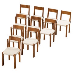 Early Pierre Chapo Set of Ten 'S24' Dining Chairs in White Canvas and Elm