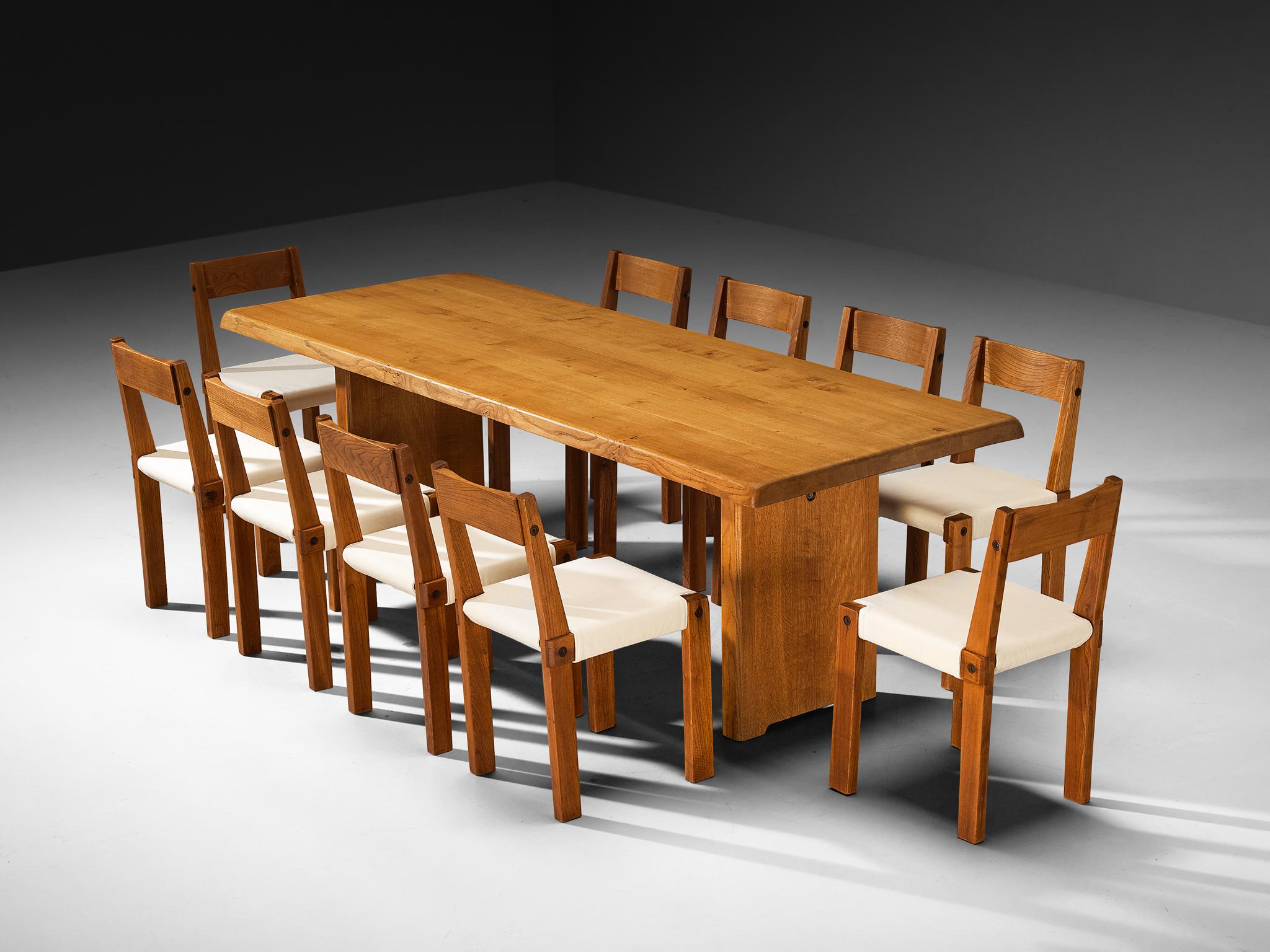 Mid-Century Modern Ancien Pierre Chapo Ensemble de dix chaises de salle à manger S24 avec table de salle à manger T14D Orme