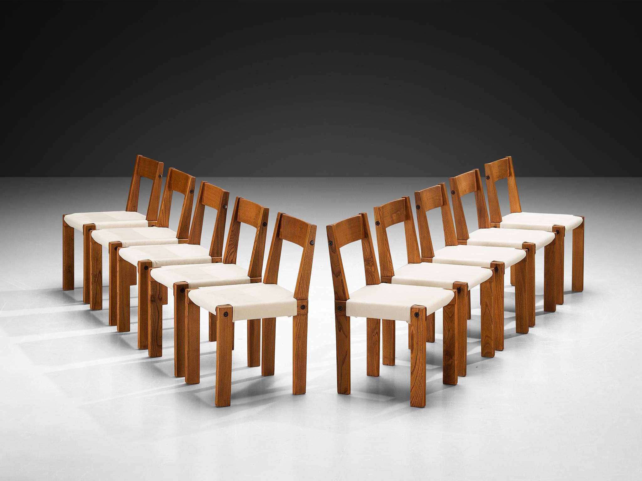 Laiton Ancien Pierre Chapo Ensemble de dix chaises de salle à manger S24 avec table de salle à manger T14D Orme