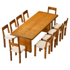 Ancien Pierre Chapo Ensemble de dix chaises de salle à manger S24 avec table de salle à manger T14D Orme