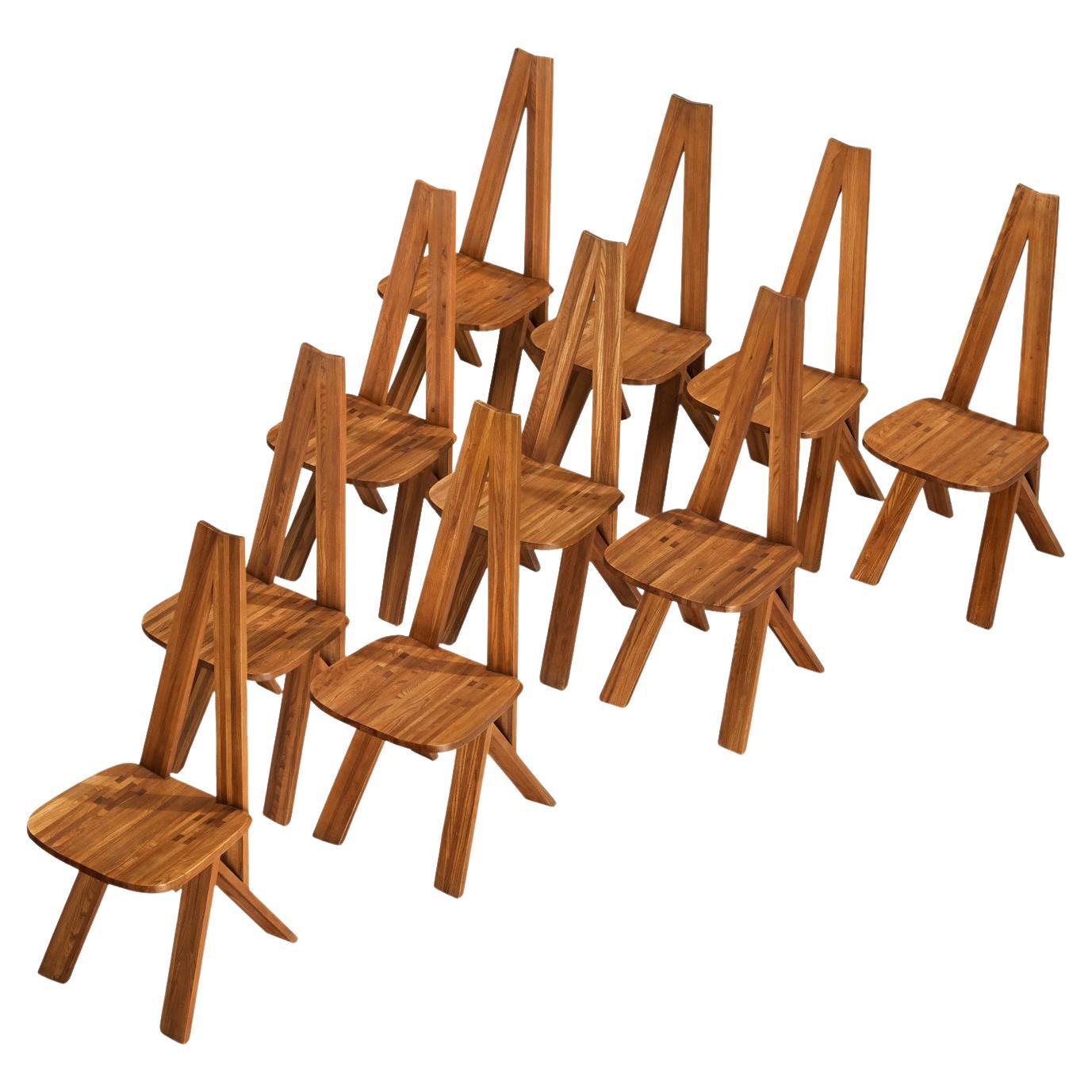 Early Pierre Chapo Set of Ten 'S45' Dining Chairs in Solid Elm