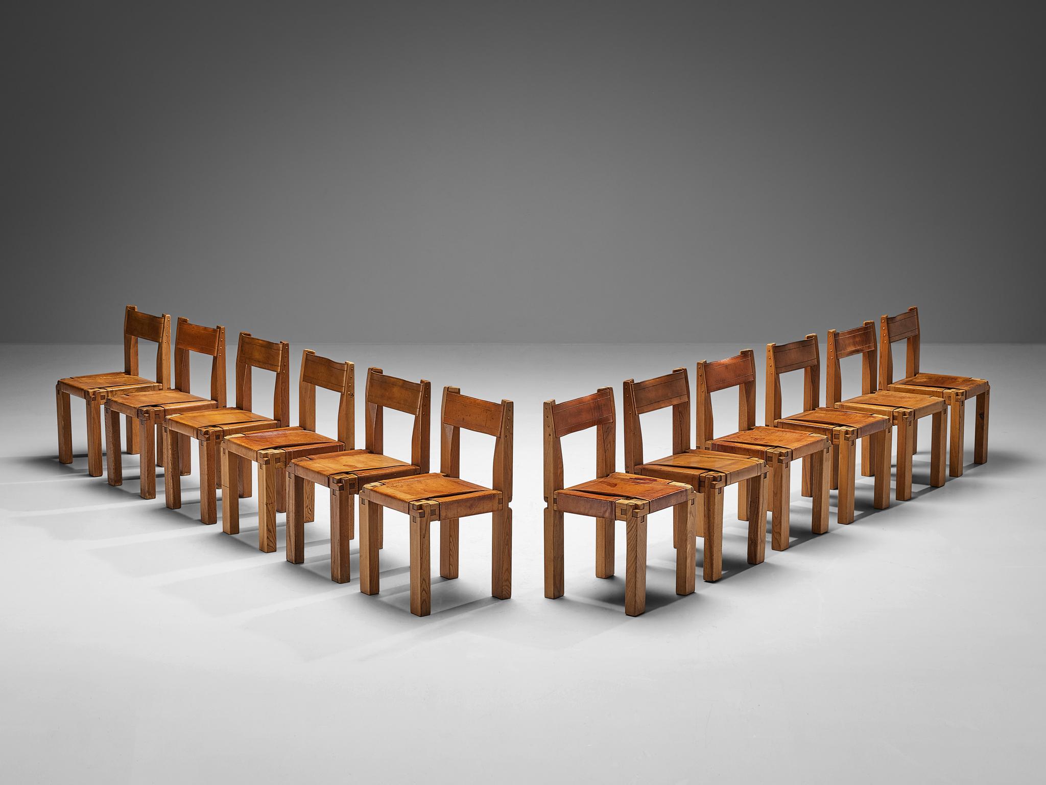 Mid-Century Modern Pierre Chapo ensemble de douze chaises de salle à manger S11 en orme et cuir cognac  en vente